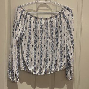 White and Blue Floral Off-Shoulder Long Sleeve Shirt